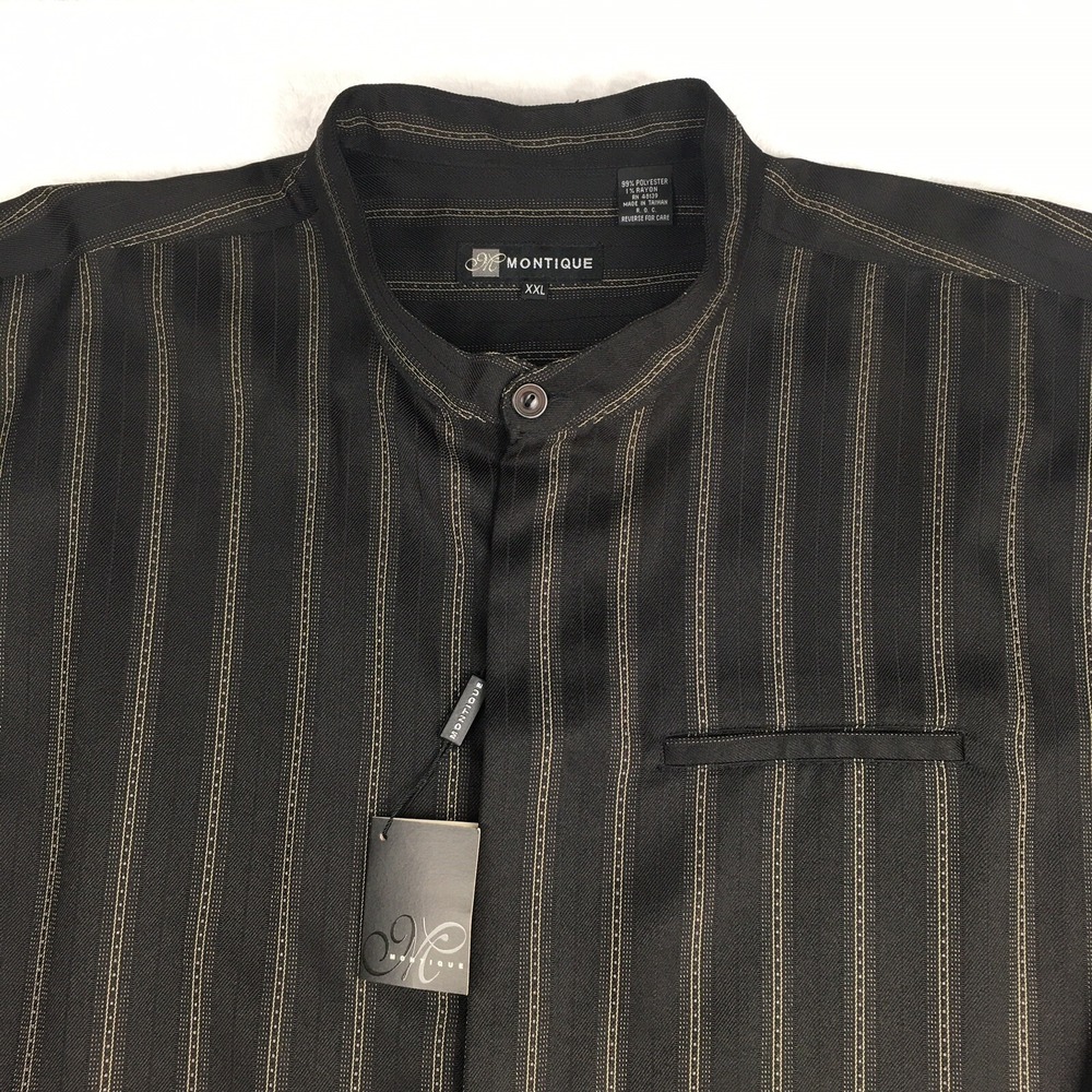 Montique Shirt Mens XXL Black/Gold Print Stripes Banded Collar Long Sleeves NWT!